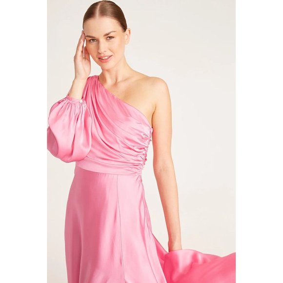 AMUR Elsabet One Shoulder Gown Calla Lily Pink Satin One Shoulder - Picture 4 of 7